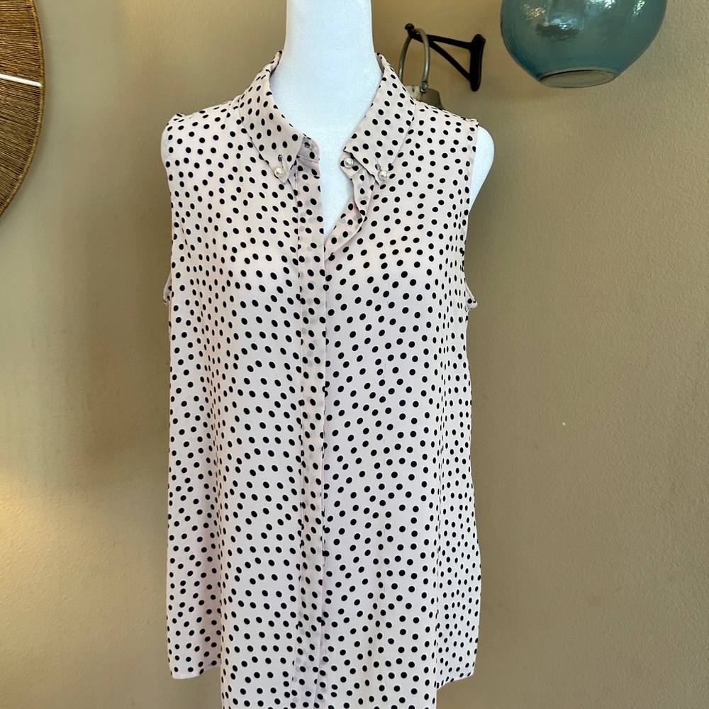 Karl Lagerfeld, Magdalyn pink polka dotted, sleeveless shirt with pearl buttons